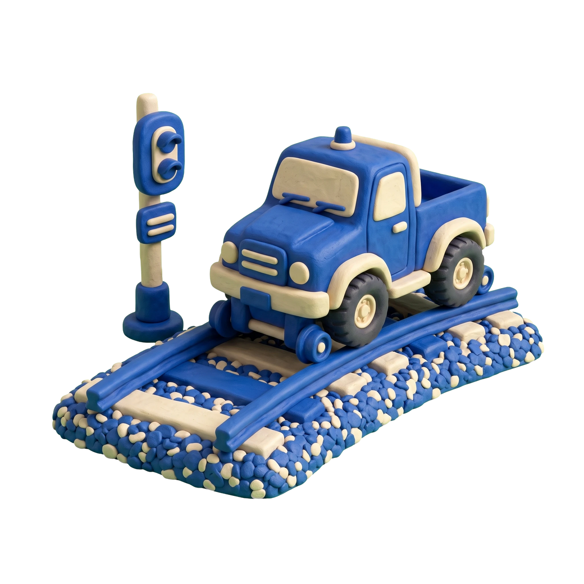 Railroad contractor illustration in blue and ivory clay