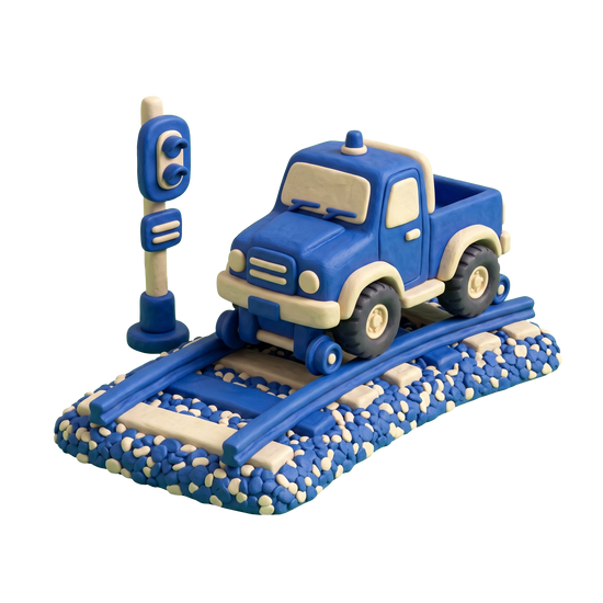 Railroad contractor illustration in blue and ivory clay
