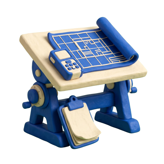 Real estate appraiser illustration in blue and ivory clay