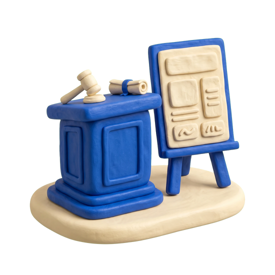 Real estate auctioneer illustration in blue and ivory clay