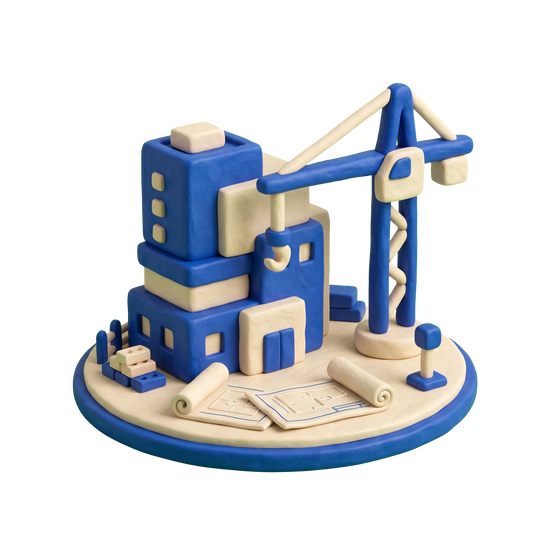 Real estate developer illustration in blue and ivory clay