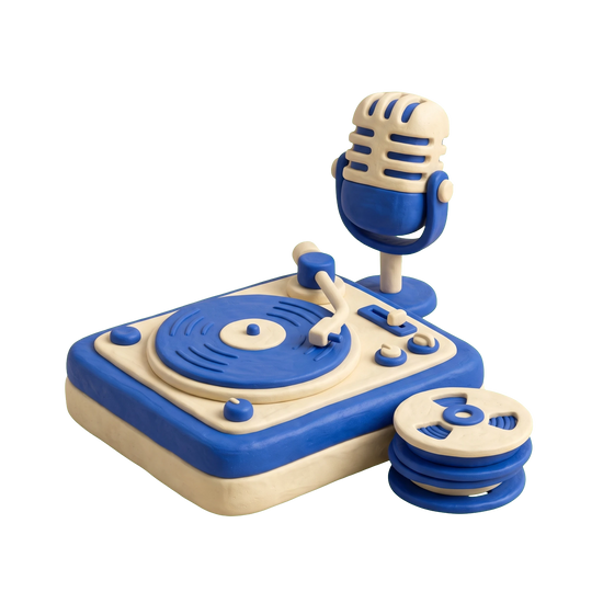 Record company illustration in blue and ivory clay