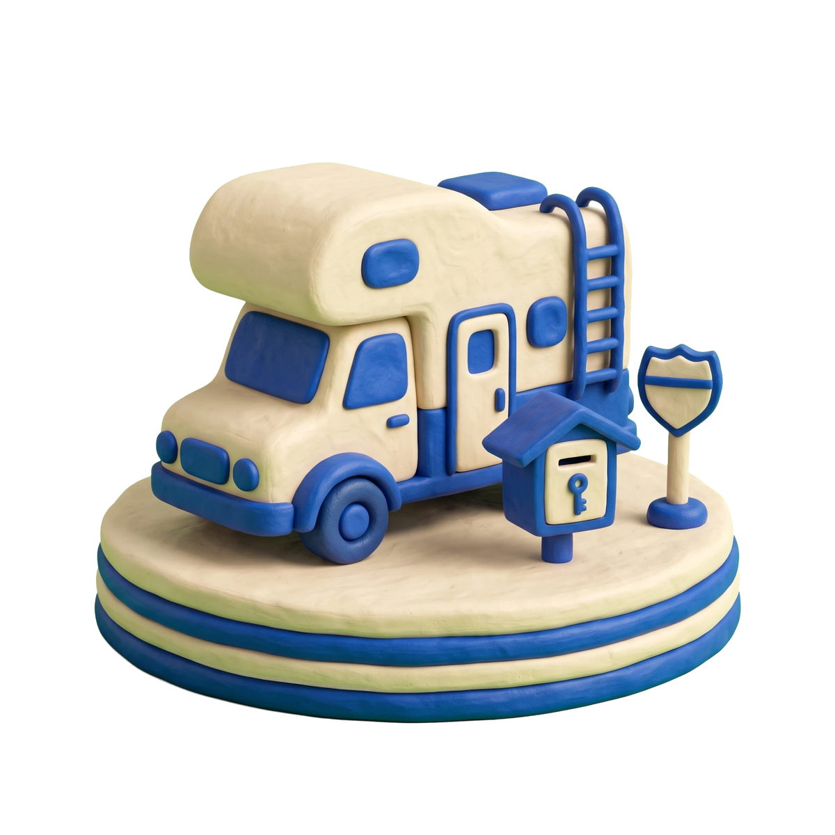 Recreational vehicle rental agency illustration in blue and ivory clay