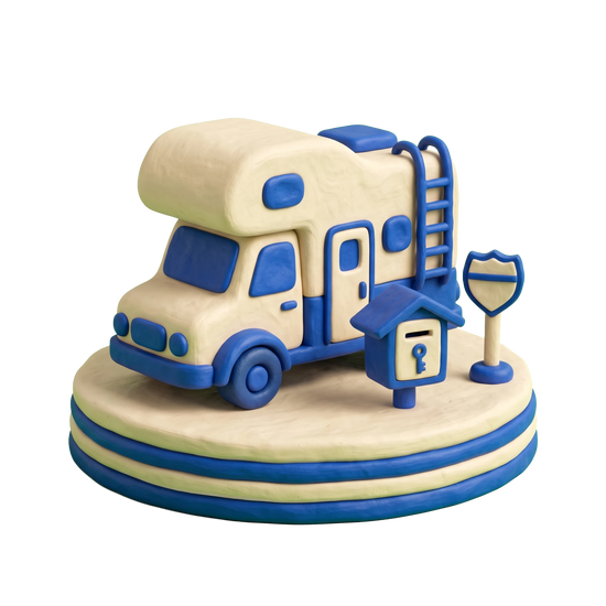 Recreational vehicle rental agency illustration in blue and ivory clay