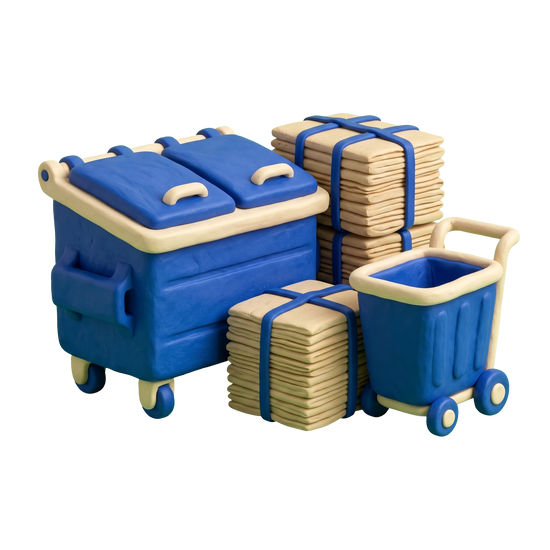 Recycling drop-off location illustration in blue and ivory clay
