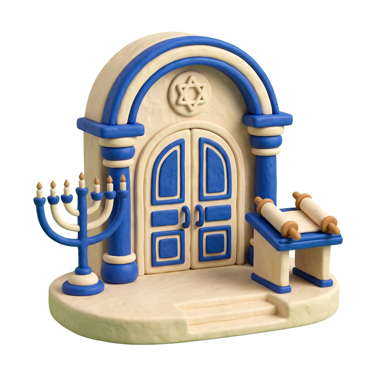 Reform synagogue illustration in blue and ivory clay