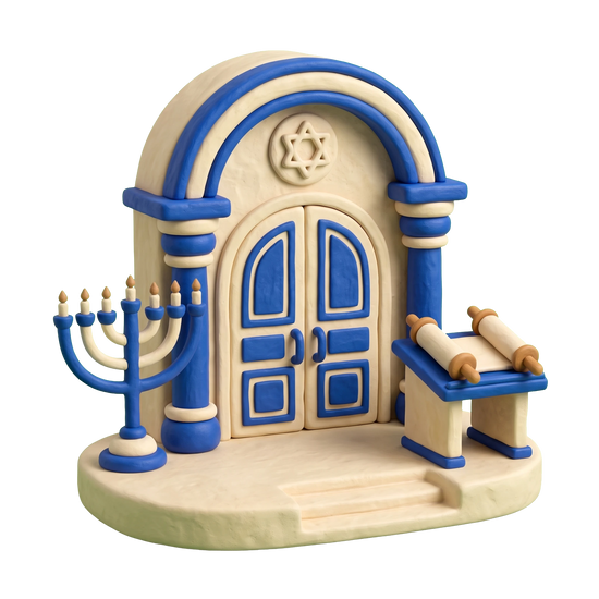 Reform synagogue illustration in blue and ivory clay