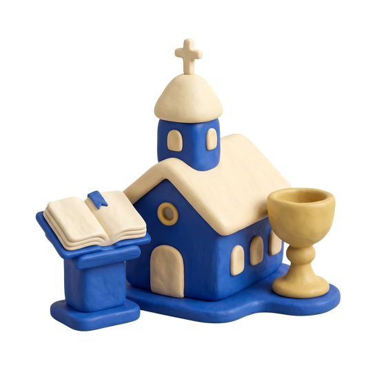 Reformed church illustration in blue and ivory clay
