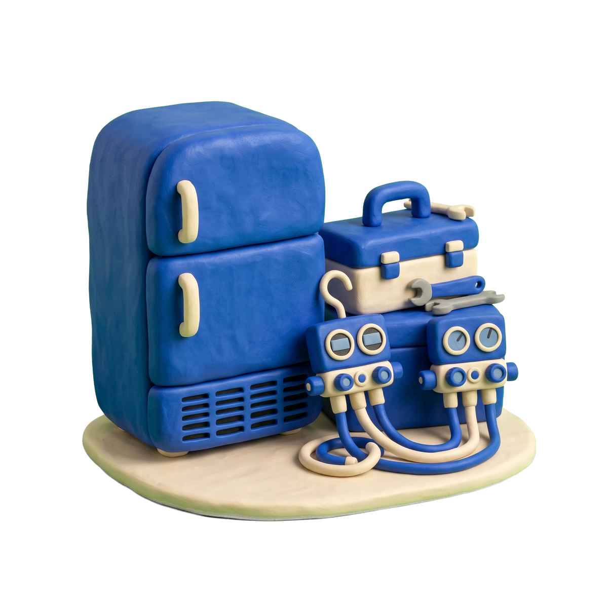 Refrigerator repair service illustration in blue and ivory clay
