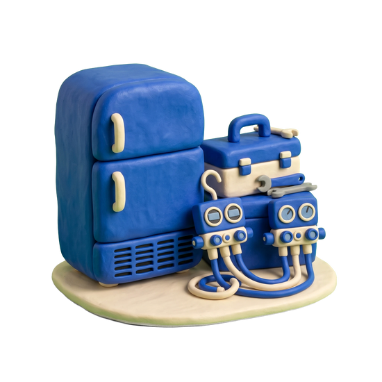 Refrigerator repair service illustration in blue and ivory clay