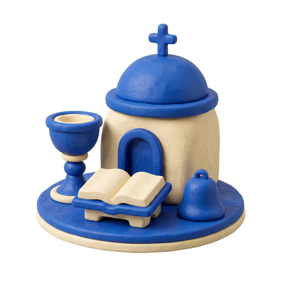 Religious organization illustration in blue and ivory clay