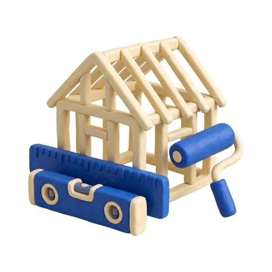 Remodeler illustration in blue and ivory clay