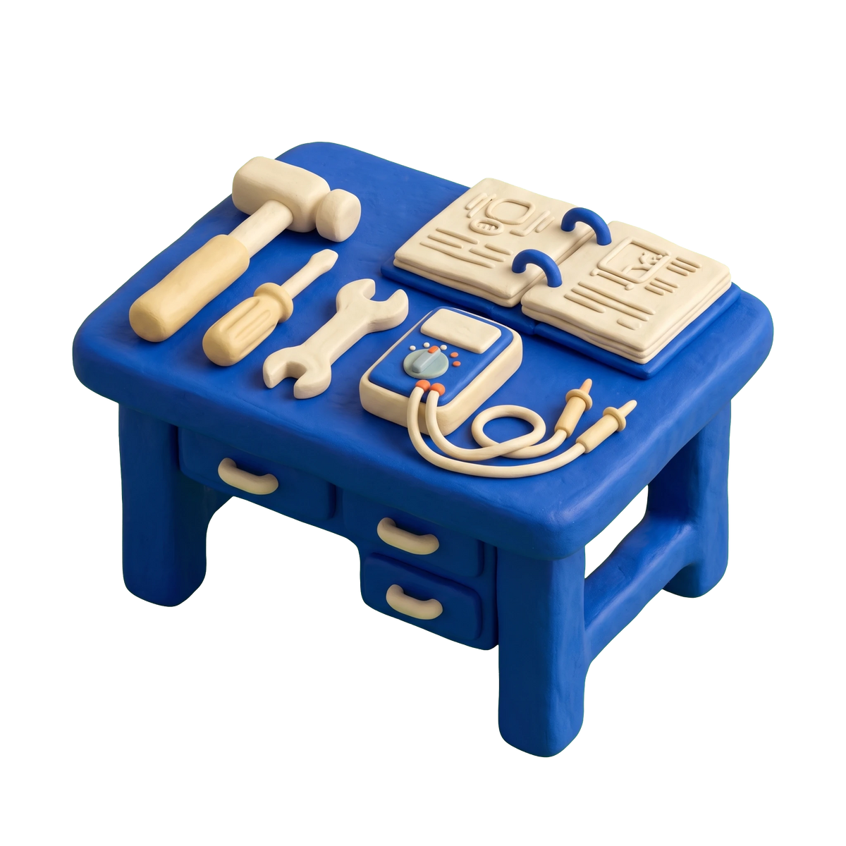 Repair service illustration in blue and ivory clay