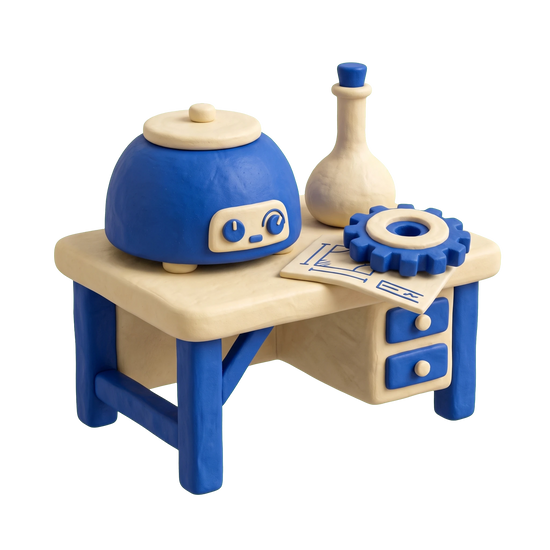 Research and product development illustration in blue and ivory clay
