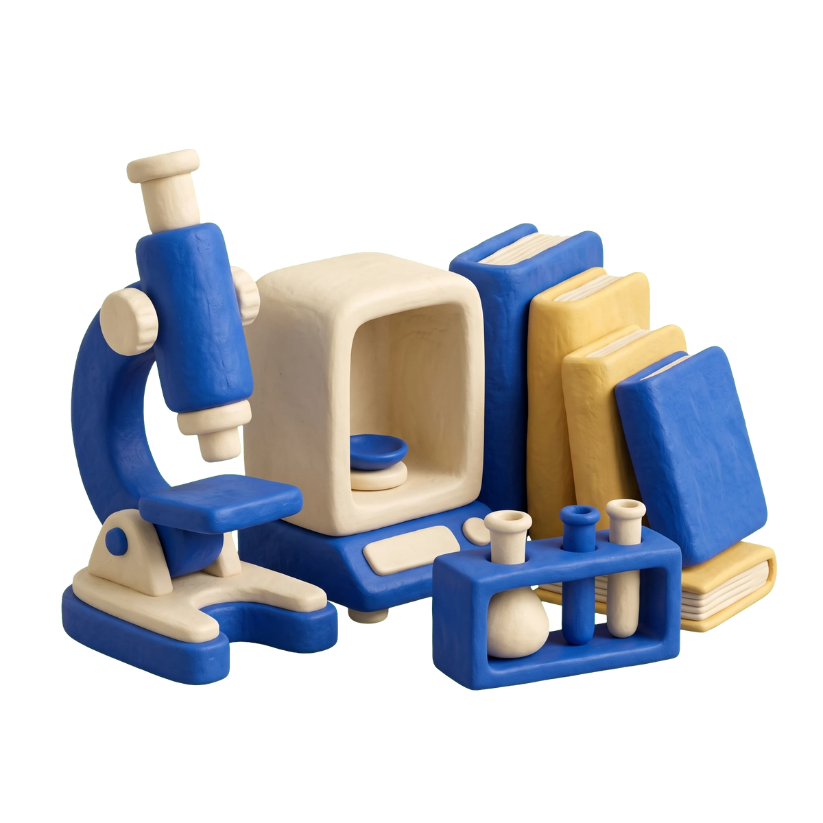 Research institute illustration in blue and ivory clay