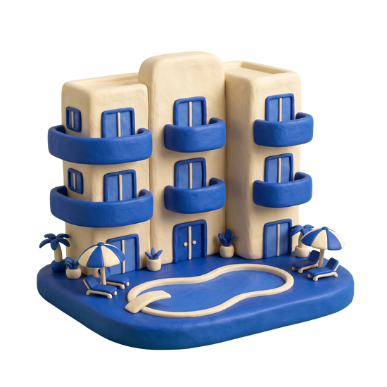 Resort hotel illustration in blue and ivory clay