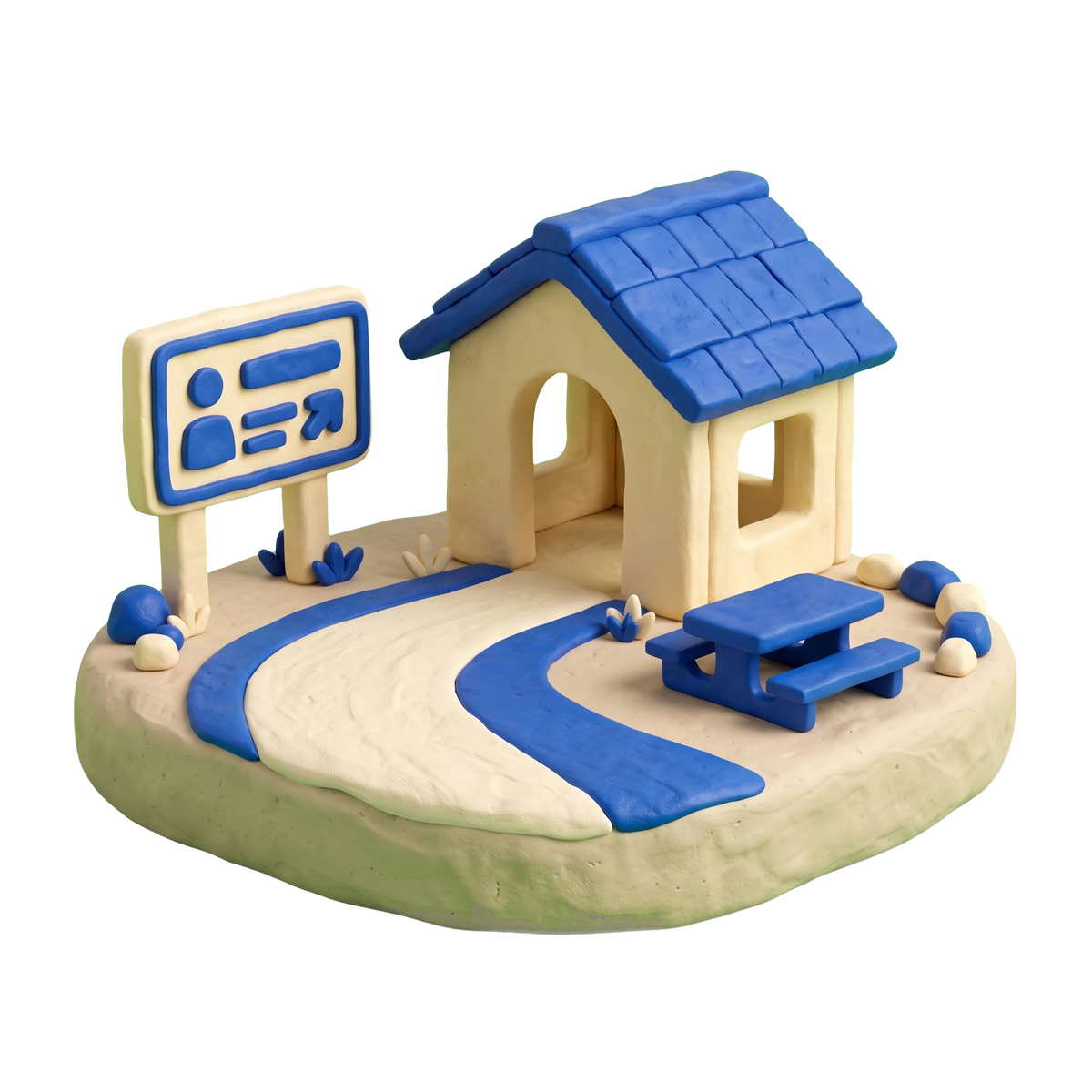 Rest stop illustration in blue and ivory clay