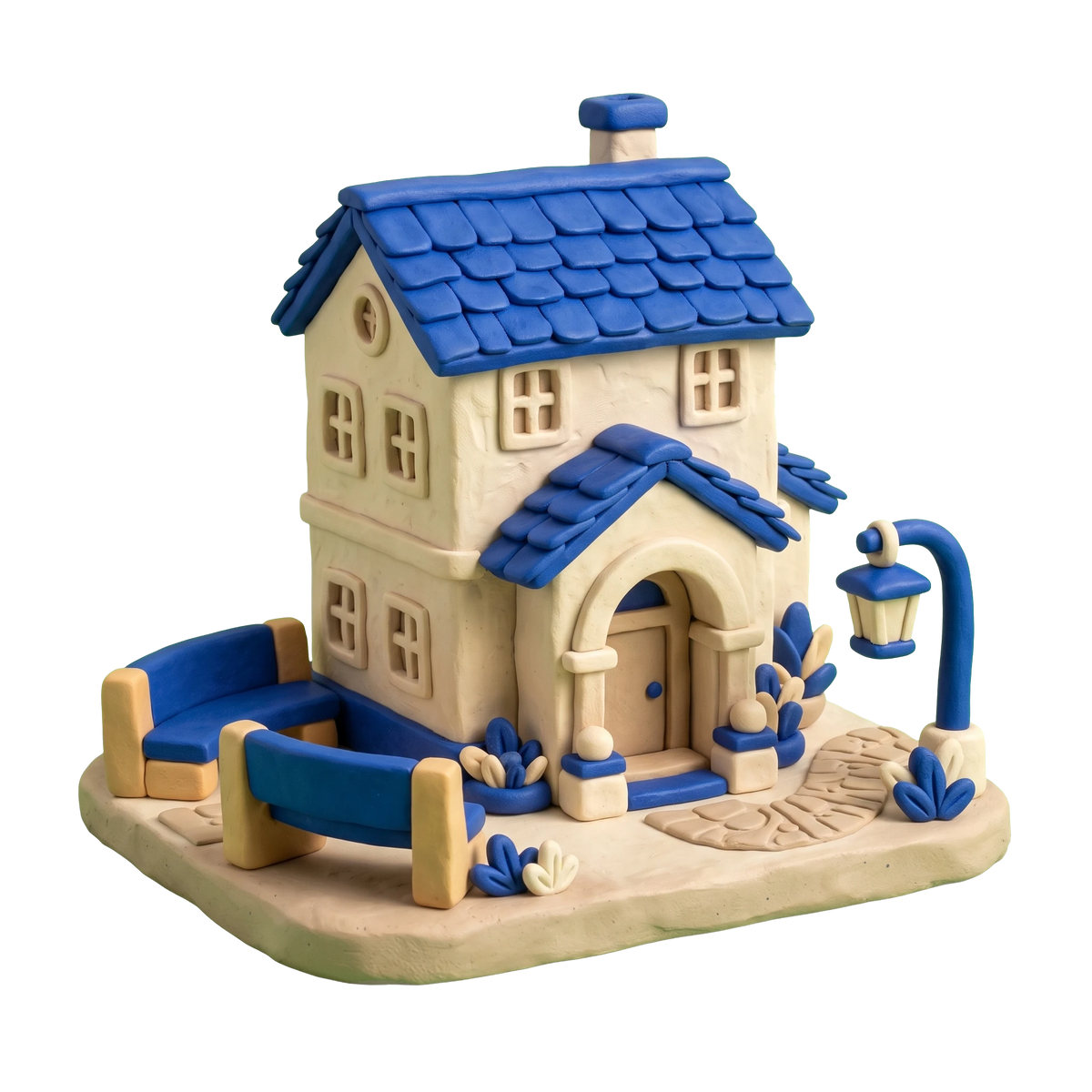 Retirement community illustration in blue and ivory clay