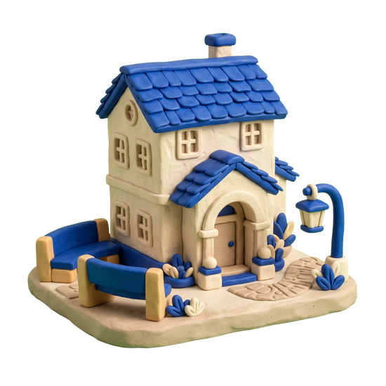 Retirement community illustration in blue and ivory clay