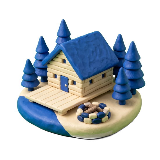 Retreat center illustration in blue and ivory clay