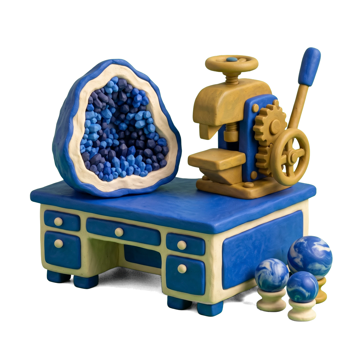 Rock shop illustration in blue and ivory clay