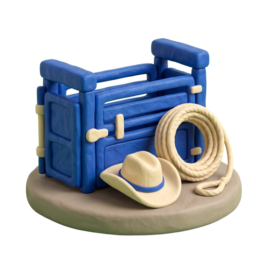 Rodeo illustration in blue and ivory clay