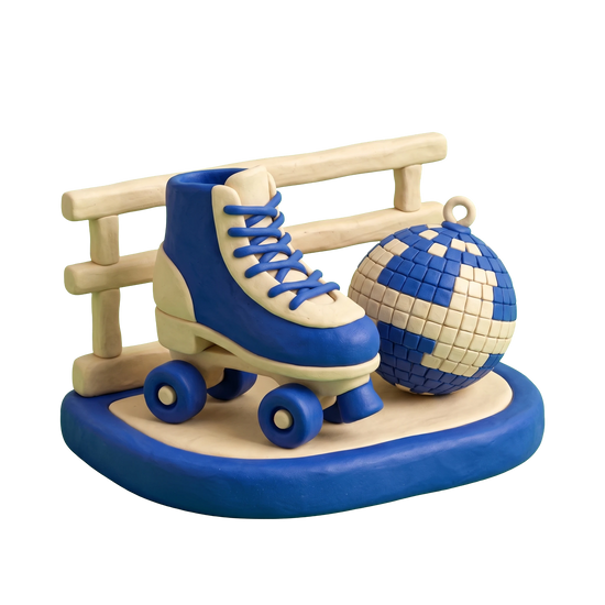 Roller skating rink illustration in blue and ivory clay