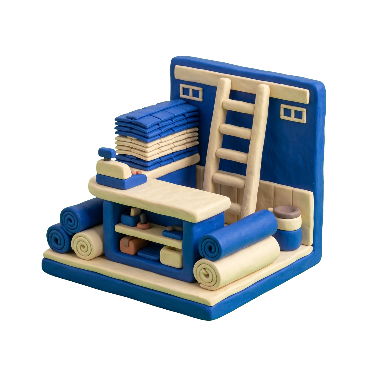 Roofing supply store illustration in blue and ivory clay