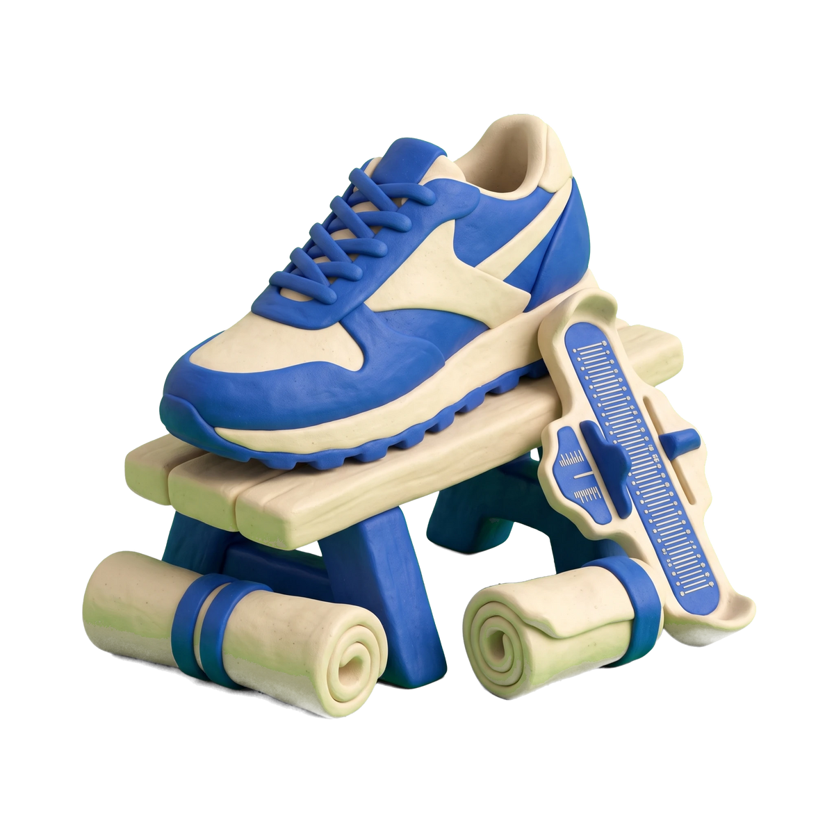 Running store illustration in blue and ivory clay