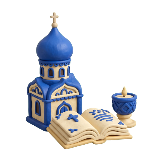 Russian Orthodox church illustration in blue and ivory clay