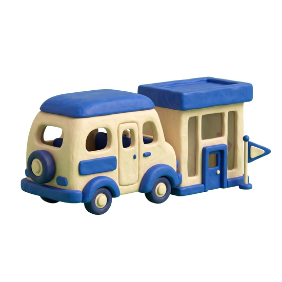 RV dealer illustration in blue and ivory clay