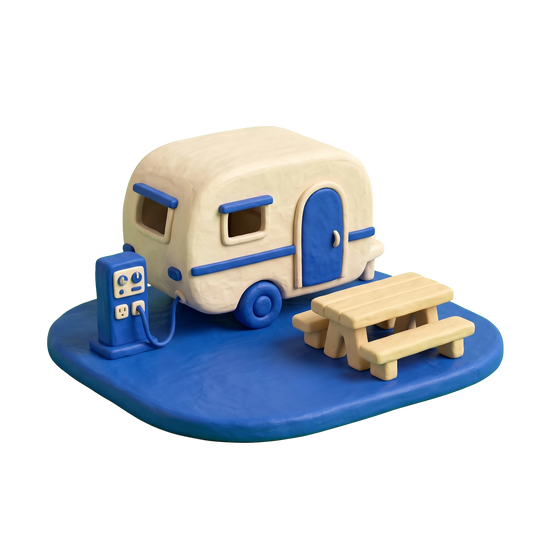 RV park illustration in blue and ivory clay