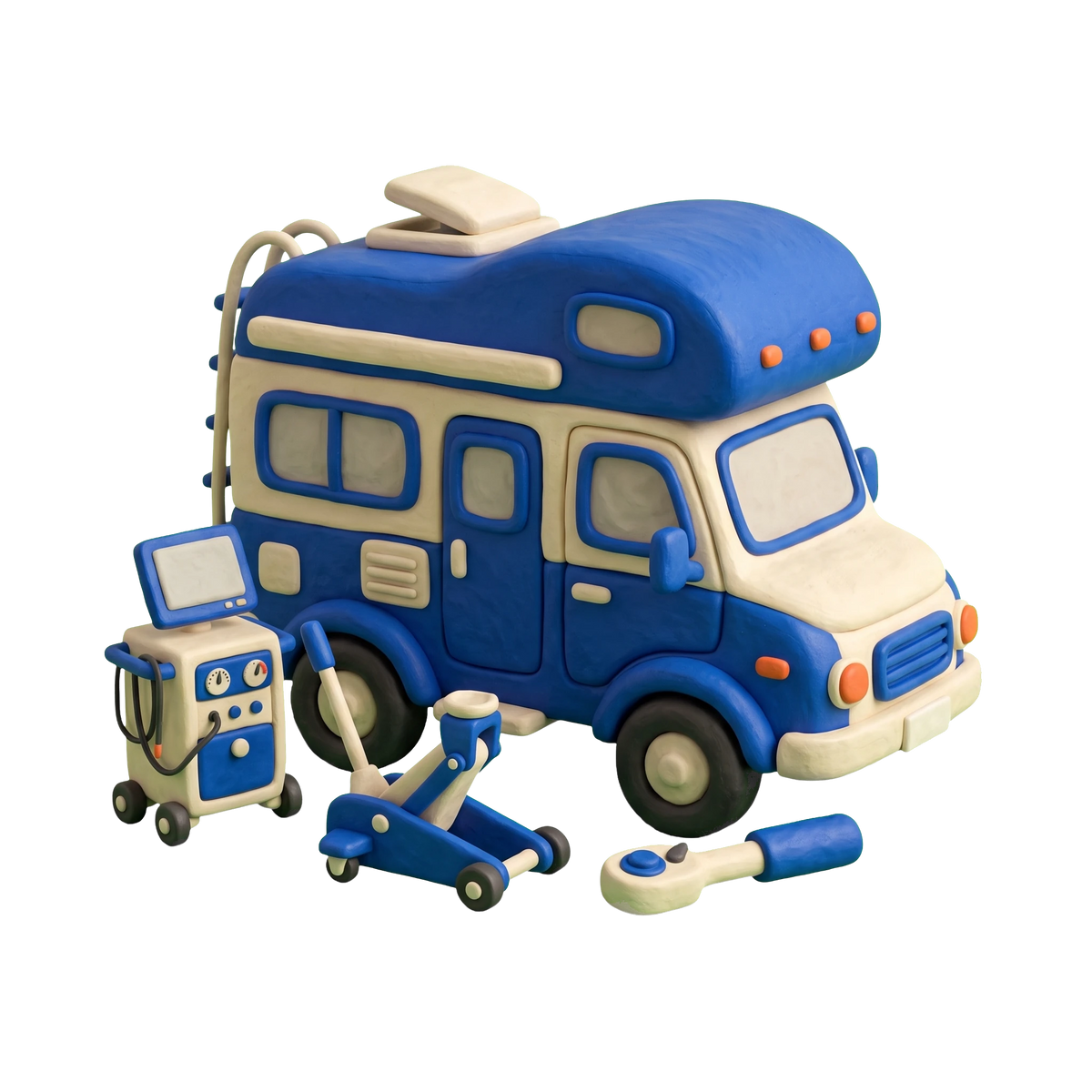 RV repair and maintenance service illustration in blue and ivory clay