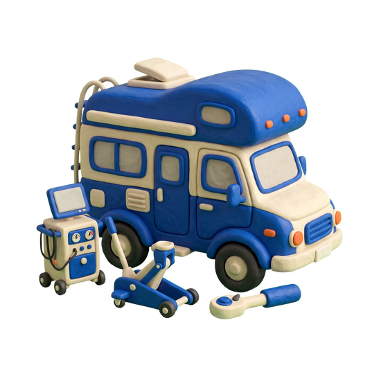 RV repair and maintenance service illustration in blue and ivory clay
