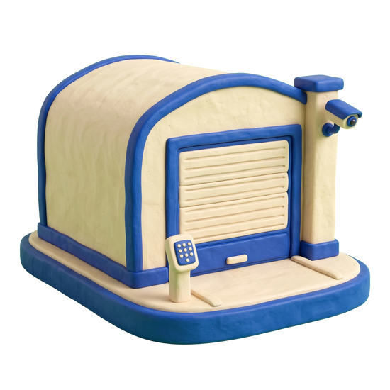 RV storage facility illustration in blue and ivory clay