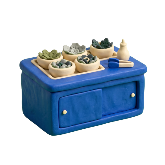 Salad shop illustration in blue and ivory clay