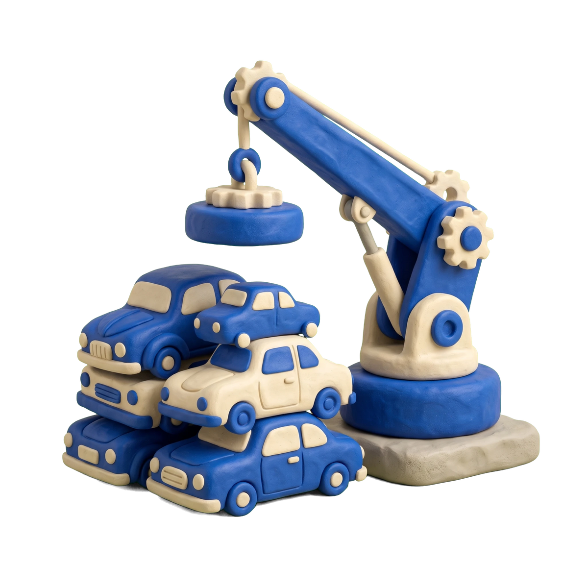 Salvage yard illustration in blue and ivory clay