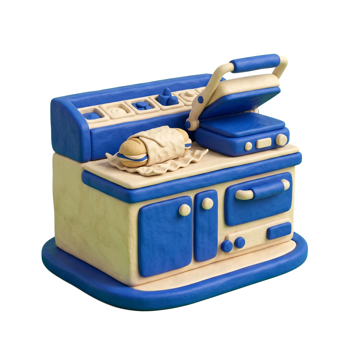 Sandwich shop illustration in blue and ivory clay