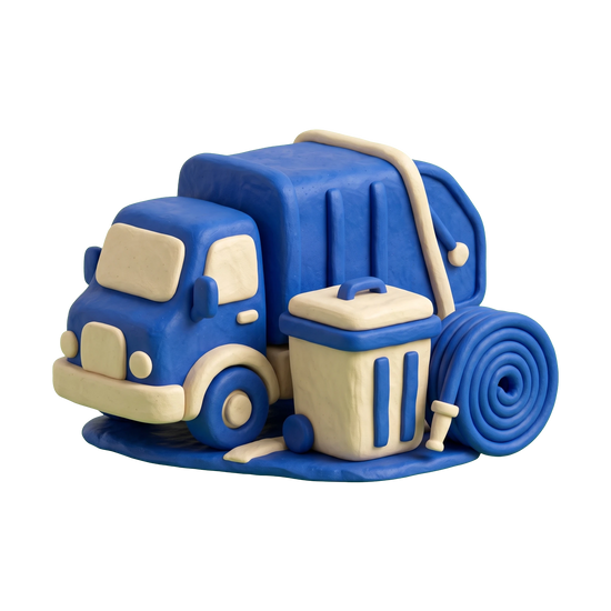 Sanitation service illustration in blue and ivory clay