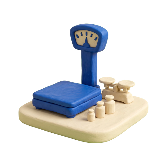 Scale supplier illustration in blue and ivory clay