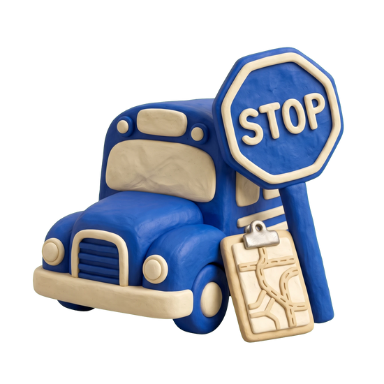 School bus service illustration in blue and ivory clay