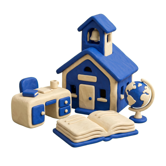 School center illustration in blue and ivory clay