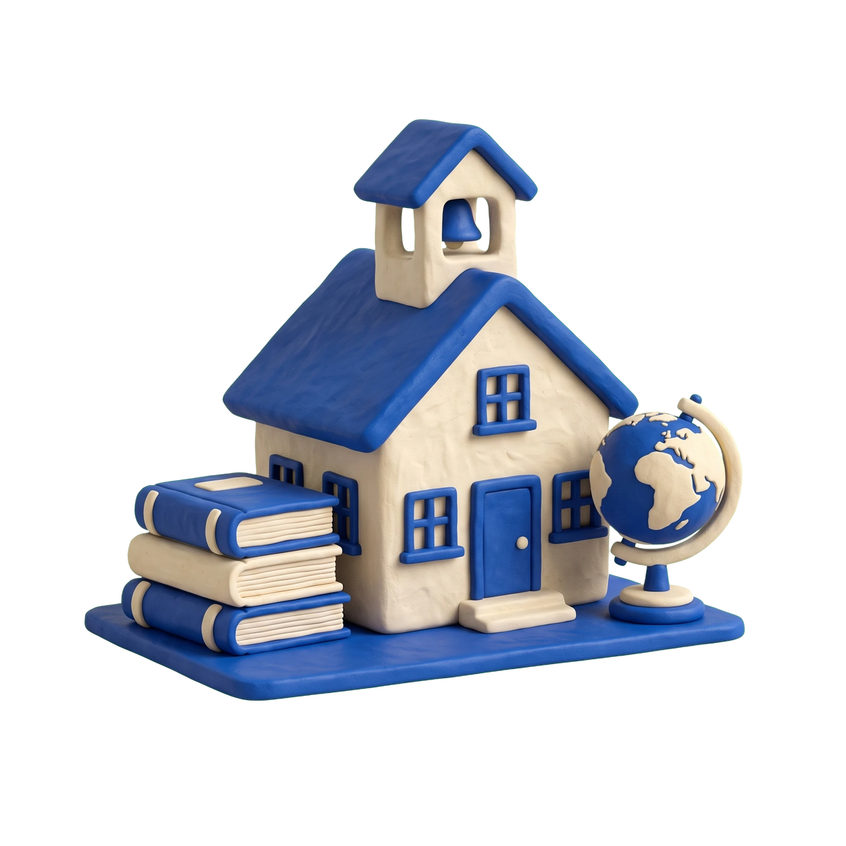 School house illustration in blue and ivory clay