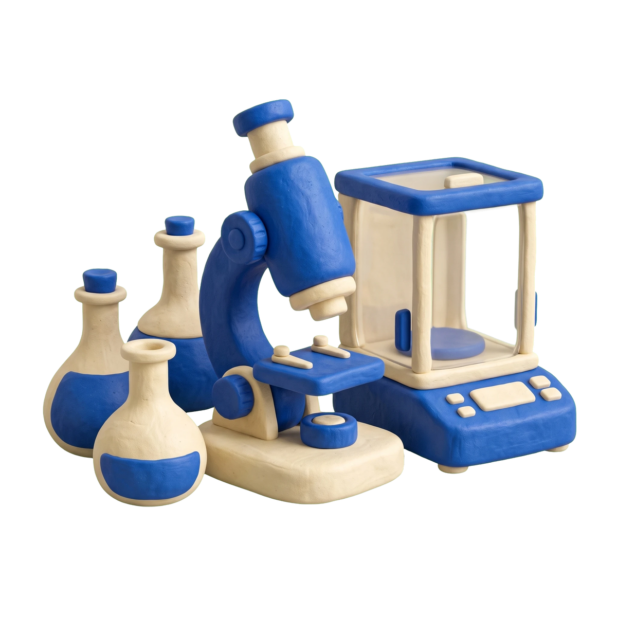 Scientific equipment supplier illustration in blue and ivory clay