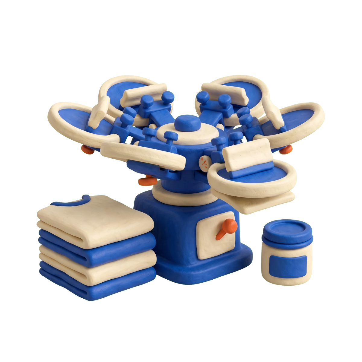 Screen printer illustration in blue and ivory clay