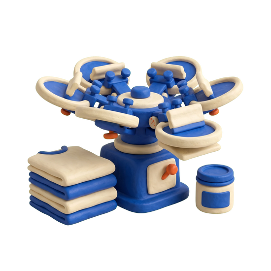 Screen printer illustration in blue and ivory clay