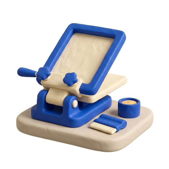 Screen printing shop illustration in blue and ivory clay