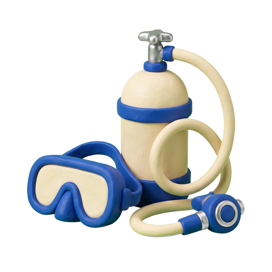 SCUBA tour agency illustration in blue and ivory clay