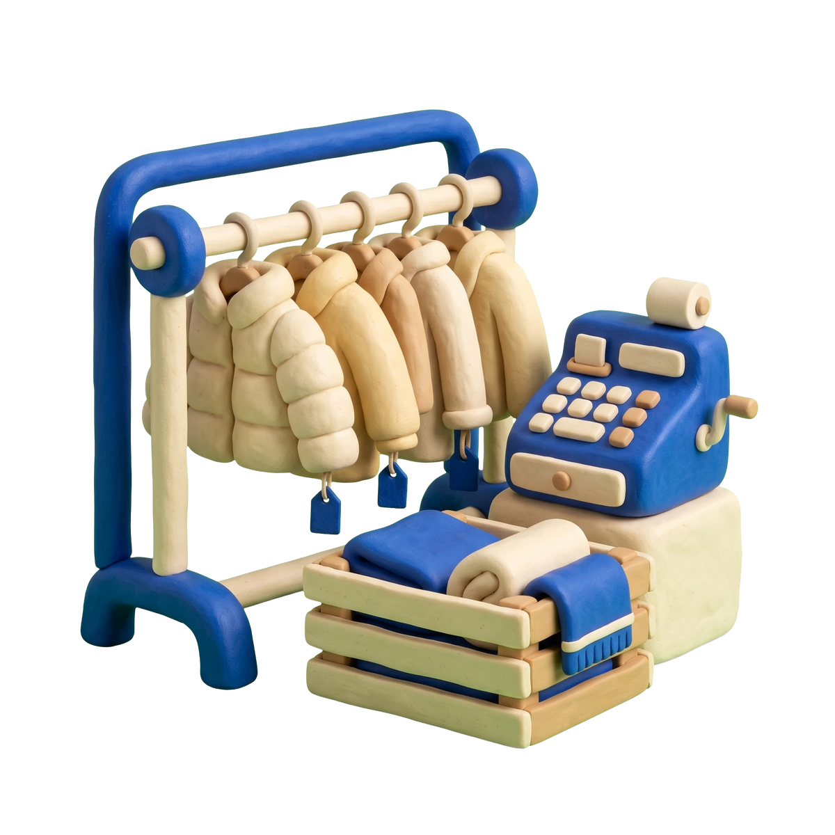 Second hand store illustration in blue and ivory clay