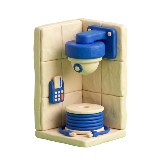 Security system supplier illustration in blue and ivory clay